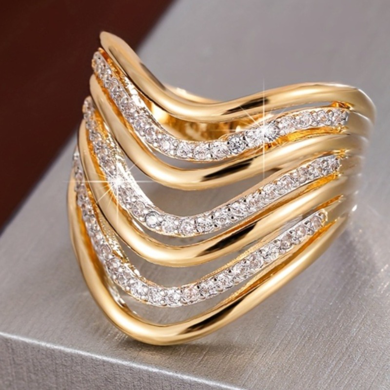 Women's Multi-Layer V-Shaped Synthetic Zirconia Wide Ring, Luxury